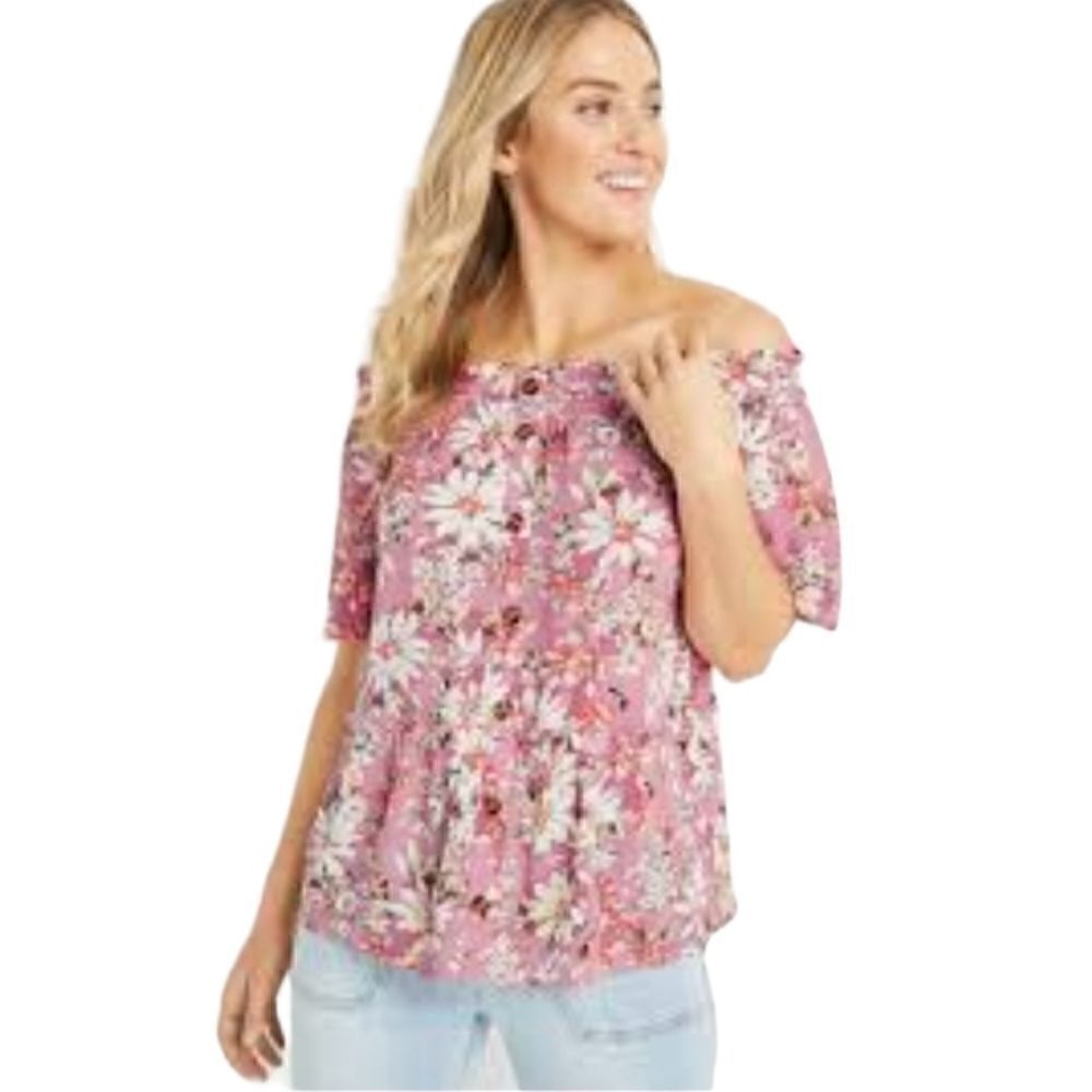 EC MAURICES PINK FLORAL OFF THE SHOULDER BUTTON FRONT BLOUSE SZ. XL